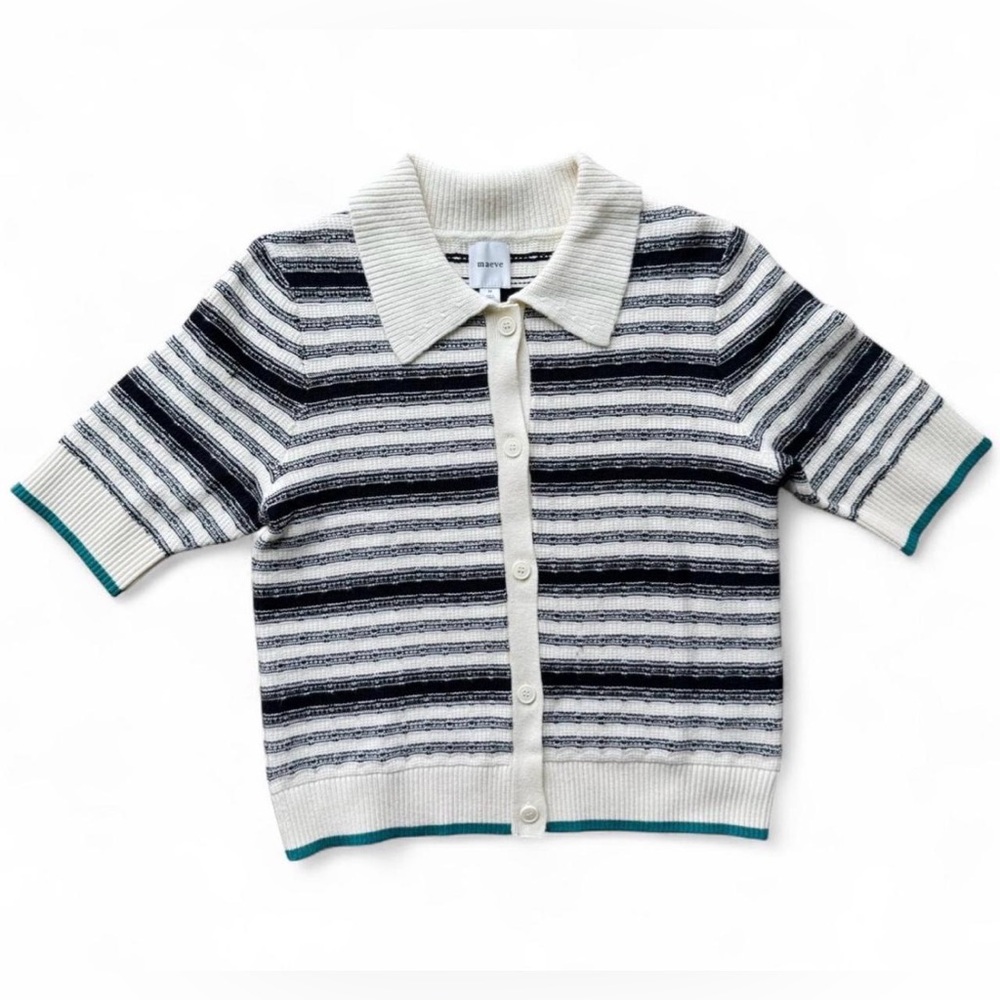 Maeve Cream and Black Striped Short Sleeve Button Cardigan